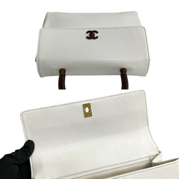 Authentic CHANEL Vintage Kelly Caviar Leather Top Handle Flap Bag Wood Handle - Picture 10 of 14